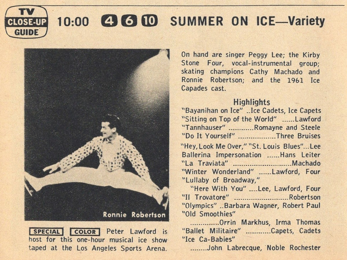 1961 TV AD~SUMMER ON ICE~RONNIE ROBERTSON ICE SKATING~KIRBY STONE