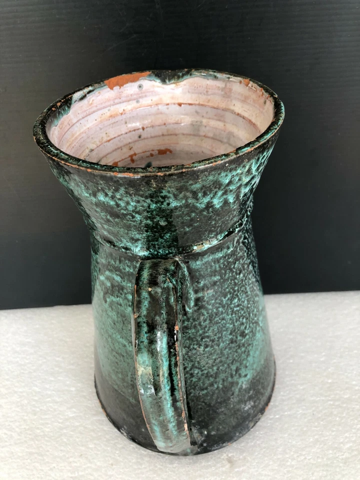 ancien pichet broc verseuse cruche terre cuite vert poterie email art populaire - Photo 2/4