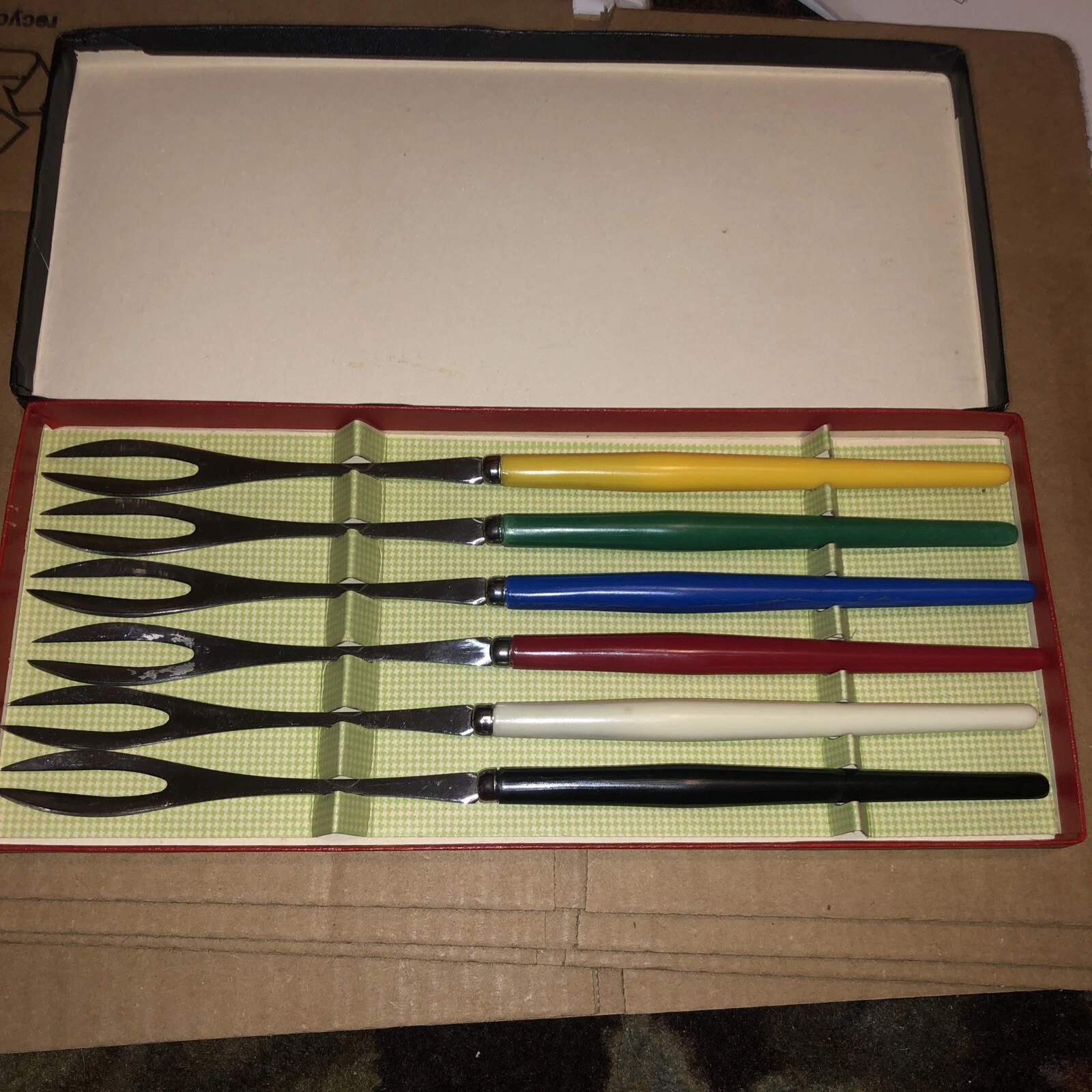 Vintage Midcentury MCM WOODCREST Fondue Forks Set Of 6 Multicolor Handles w/ Box