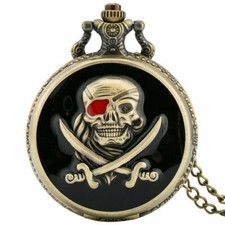 Vintage Steampunk Mens Pirates Skull Quartz Pocket Watch Necklace Chain Gift