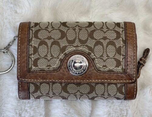 COACH Khaki Brown Signature Jacquard Leather Small Wallet Snap Button Keychain