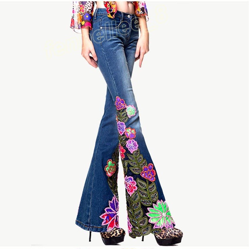 Womens Slim Ethnic Bead Embroidery Jeans Denim Bellbottoms Flared
