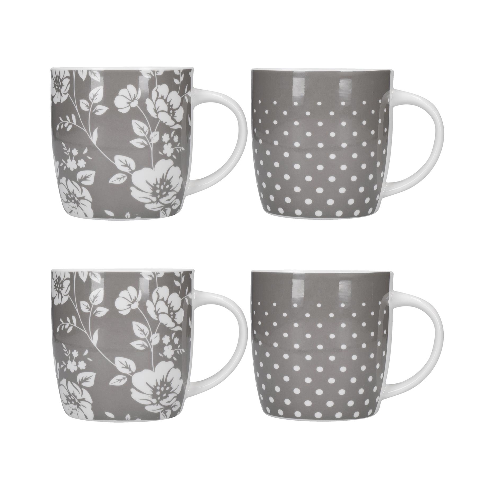 KitchenCraft Grey Floral & Polka Dot Barrel Mugs - Set of 4
