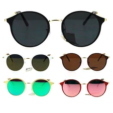 Womens Retro Flat Panel Color Mirror Lens Round Wire Arm Sunglasses