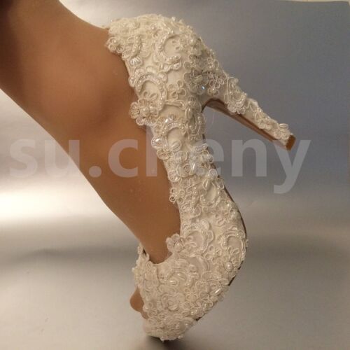 Su.cheny 3" 4" Tacón Satinado Blanco Marfil Encaje Perlas Peep Toe Boda Zapatos de Novia - Imagen 3 de 6