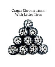 5x Chrome Cragar 11/11mm Wheels w/ Lettered Rubber Tires for 1/64 H0T Wheelz