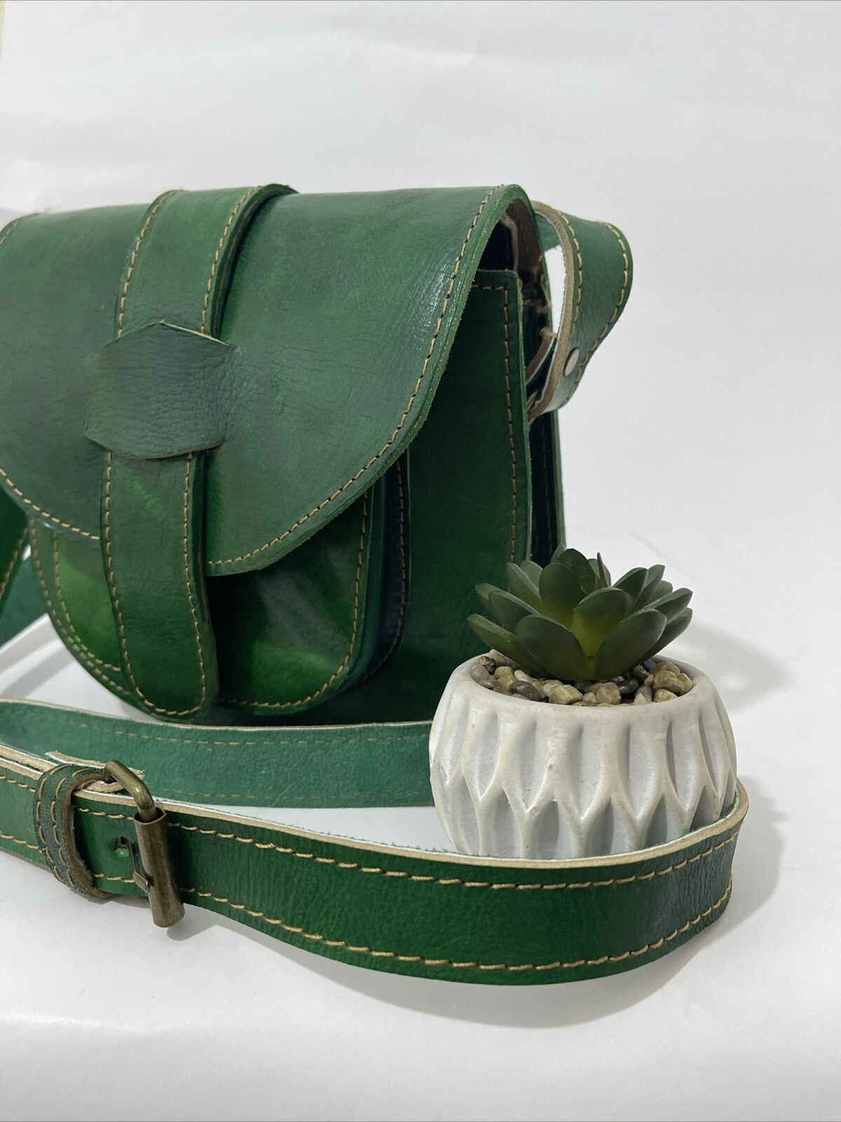 Genuine Leather Handbag Purse Moroccan Women Shoulder Bag Tooled Leather Green