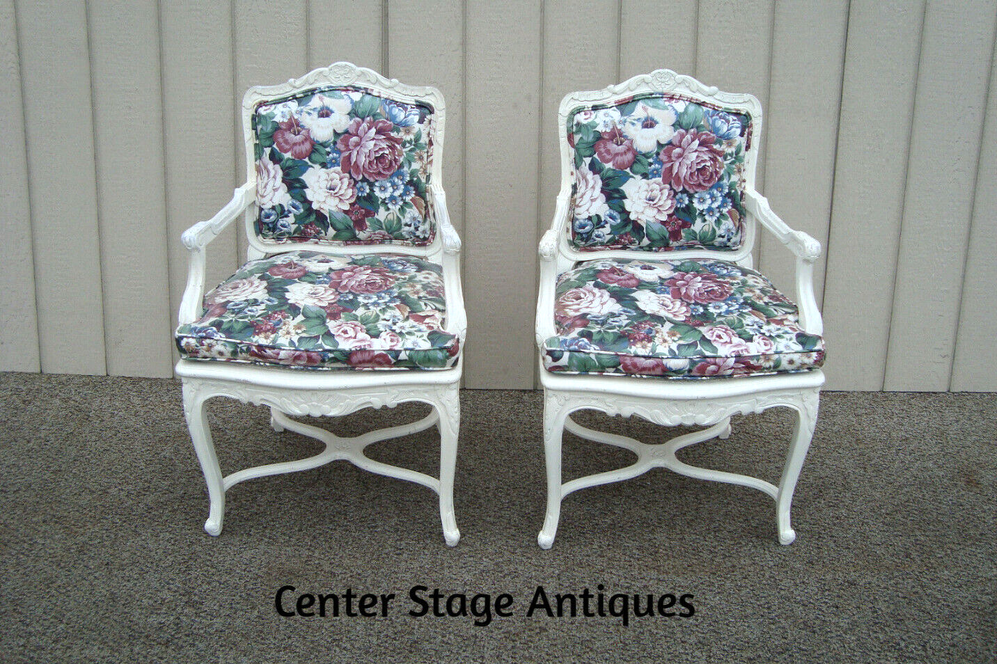 60612 PAIR of Romantic Shabby BERGERE Floral Armchairs with Factory White Finish