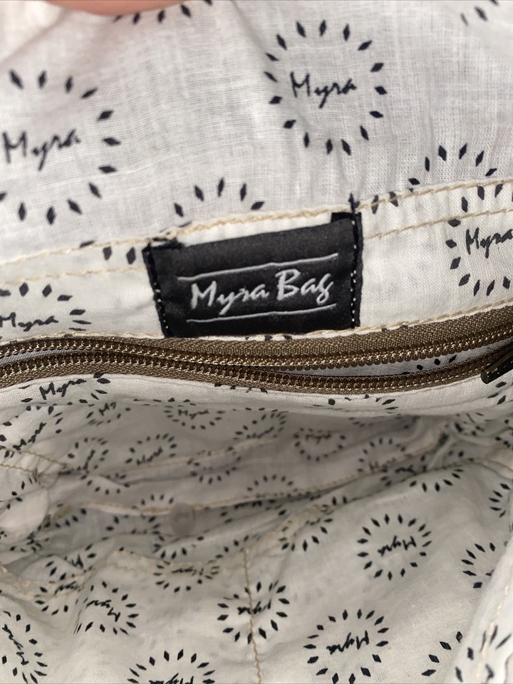 Myra Bag Dizzy Circle Upcycled Canvas Brown Leather Crossbody Purse Shoulder Bag 819699027539 eBay