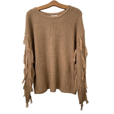 Annie Wear Fringe Tassel Round Neck Loose Fit Sweater Womens L Camel Knit NEW