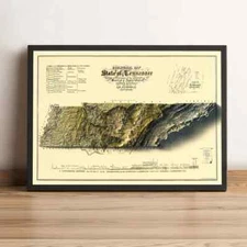 Tennessee Map, Tennessee 2D Relief Map, Tennessee Vintage Map - 2D Flat Print