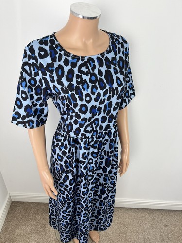 New Blue Black Animal Leopard Print Fit & Flare Short Sleeve Midi Dress L 14 - Picture 3 of 9
