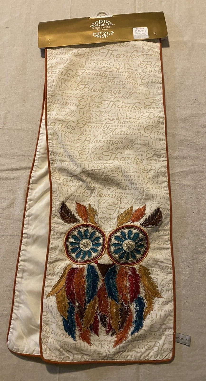 NWT Luxe Habitat Table Runner Boho Beaded Embroidered Owl Thanksgiving Fall
