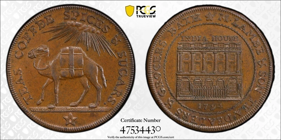 PCGS MS63BN 1794 GB Somersetshire Baño CAMELLO Conder Penny D&H 8 Foto 2 de 2