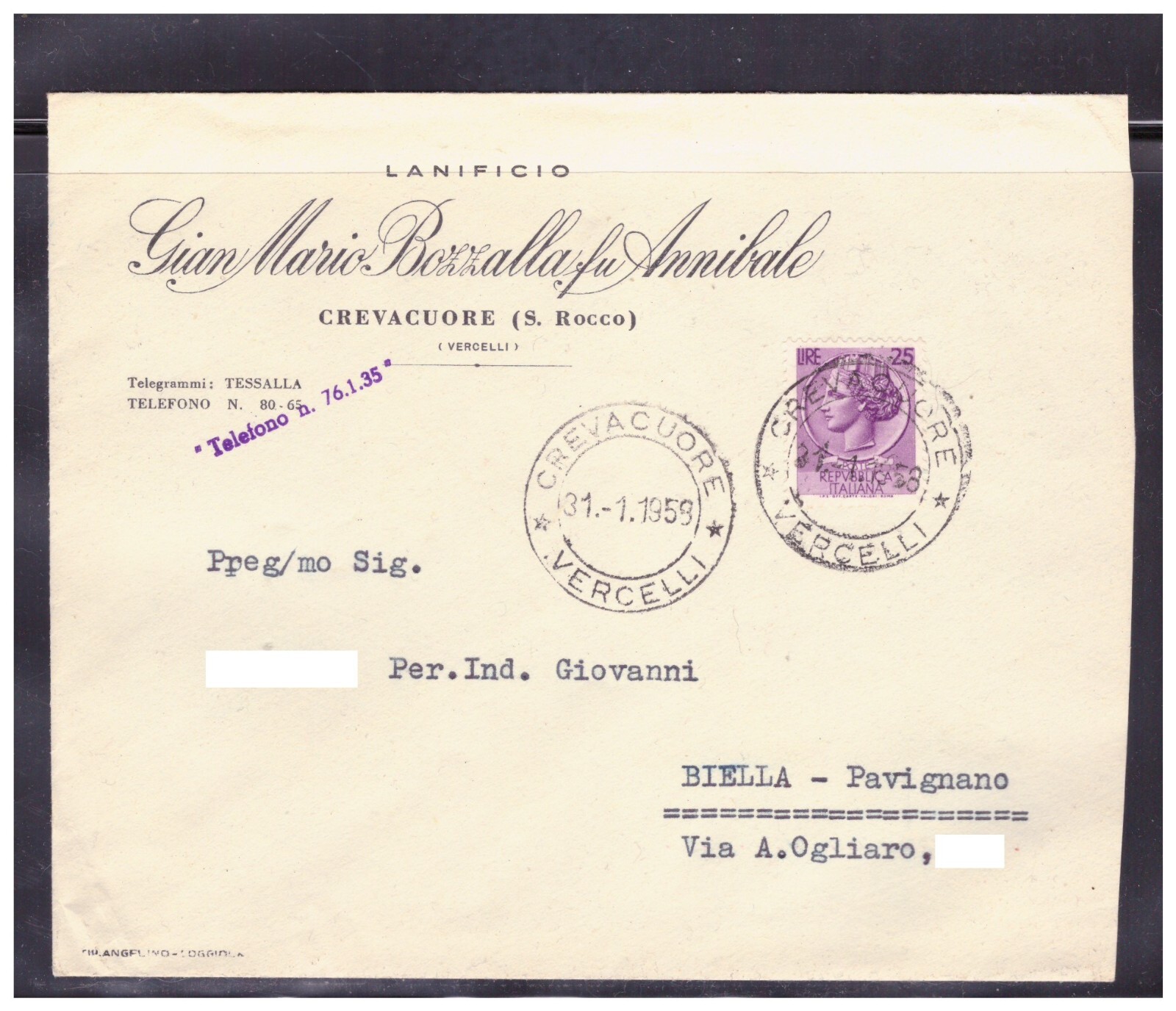 Busta Intestata Crevacuore S. Rocco Lanificio Gian Mario Bozzalla 1958 KYA466