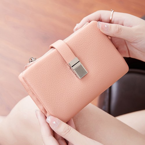 Elegante Knopf Reißverschluss Klapp Geldbörse Kartenetui Handtasche weiches Leder rosa silber - Bild 1 von 11