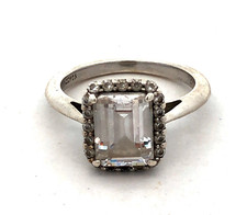 Sterling Silver Emerald Cubic Zirconia Halo Solitaire Engagement Ring