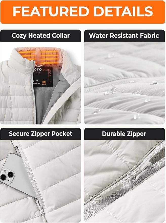 ORORO Women’s Lightweight Heated Vest USB-C Battery Puffer Heating Vest White-W