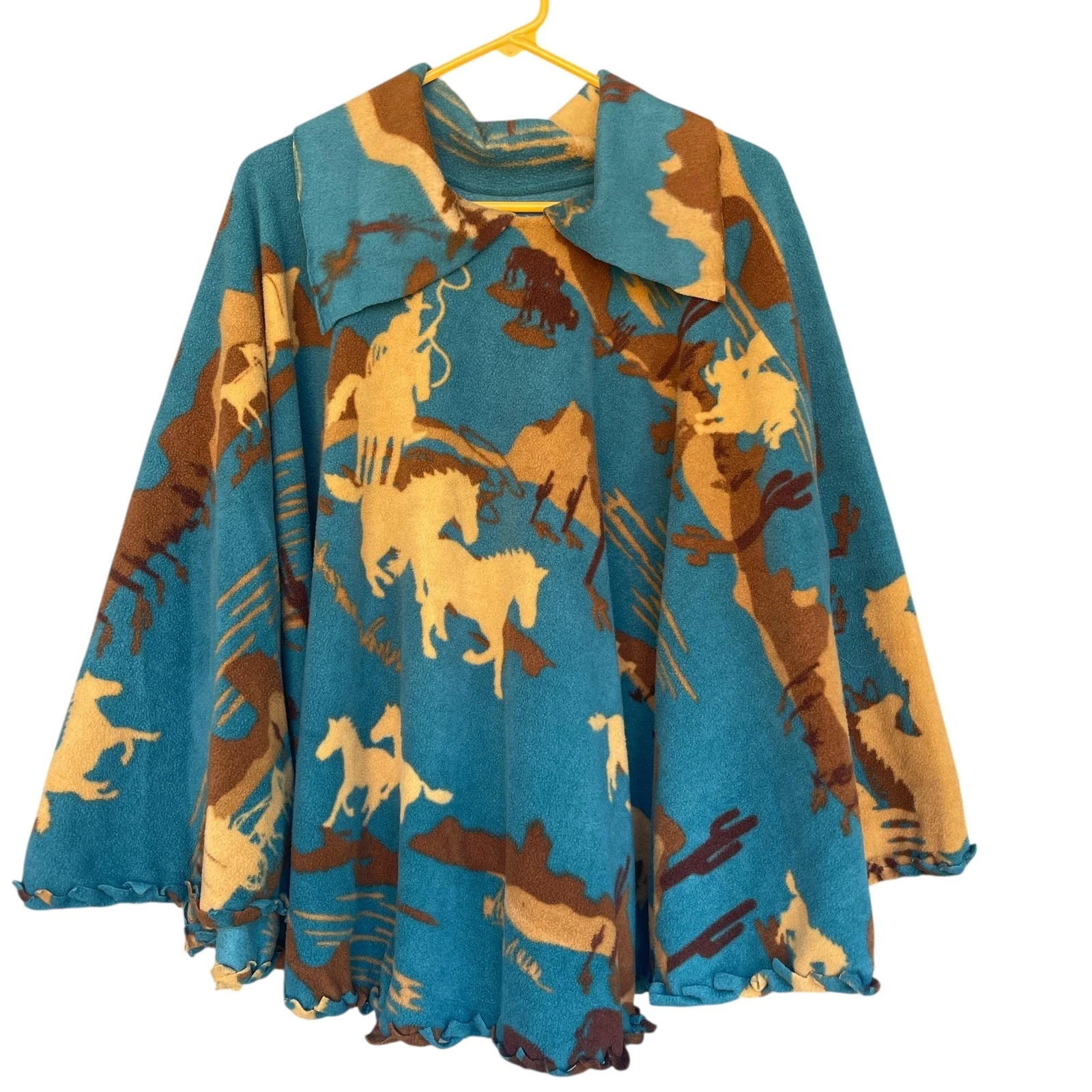Vintage Western Poncho Women One Size Horses Fleece Southwest Cowboy 90s Handmad
