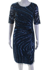 Adrianna Papell Womens Sequined 3/4 Sleeves Knee Length Dress Navy Blue Size 6
