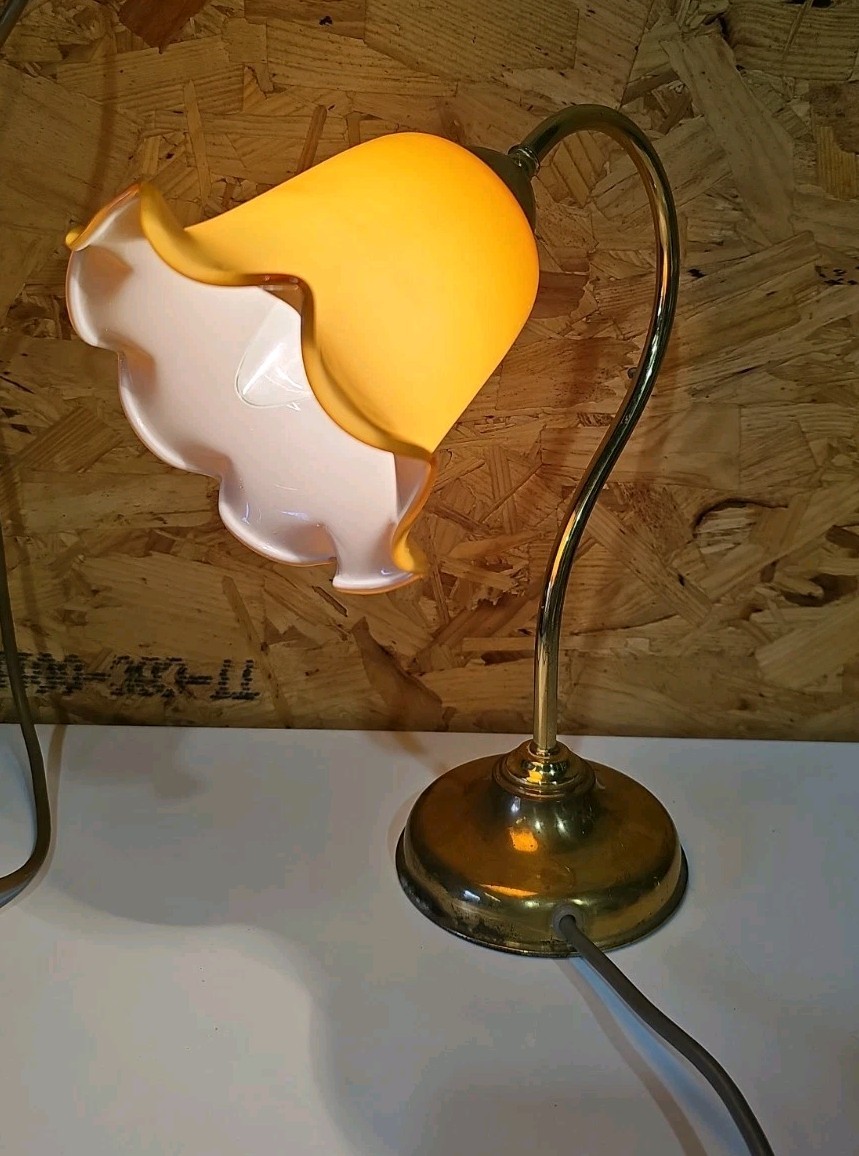 Vintage Art Nouveau-Style Brass Table Lamp Tulip Yellow Glass Shade — image 2