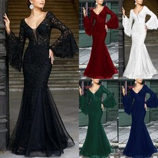 Ladies Women Formal Long Flared Sleeve Lace Evening Party Prom Fishtail Dress UK