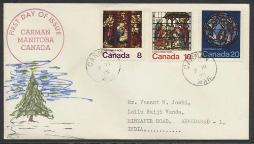 1976 #697-699 Christmas FDC Hand Drawn Cachet Carman MAN to India