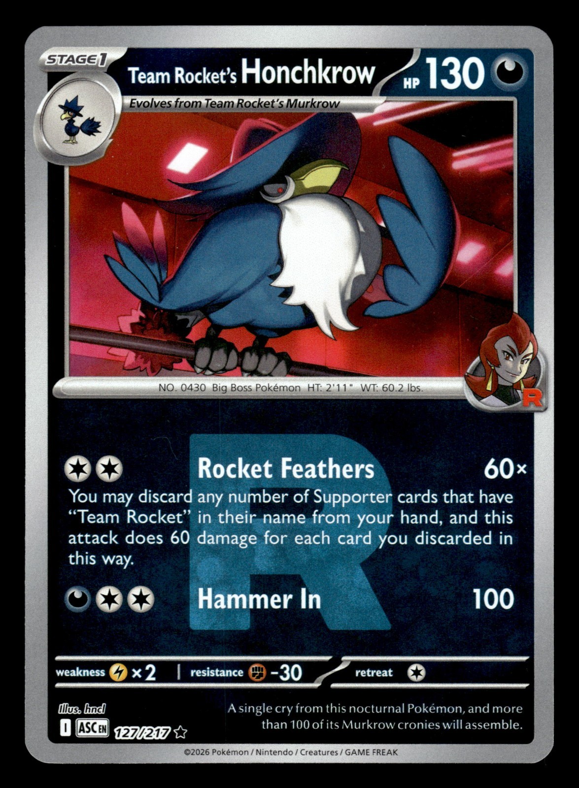 Team Rocket's Honchkrow 127/217 Reverse Holo Ascended Heroes Pokemon Card