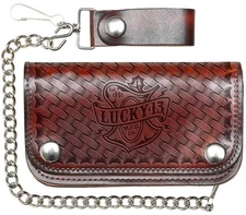 LUCKY 13 Old Time Genuine Embossed Leather 6" Chain Wallet Antiqued Brown NEW