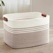 86L Large Woven Laundry Basket Hamper W/ Leather Handles,Brown  collapsible