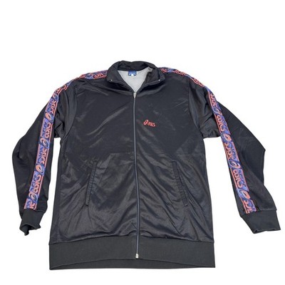 Asics Track Jacket Mens Large Black Full Zip Fleece Lined Tape Logo Embroidered