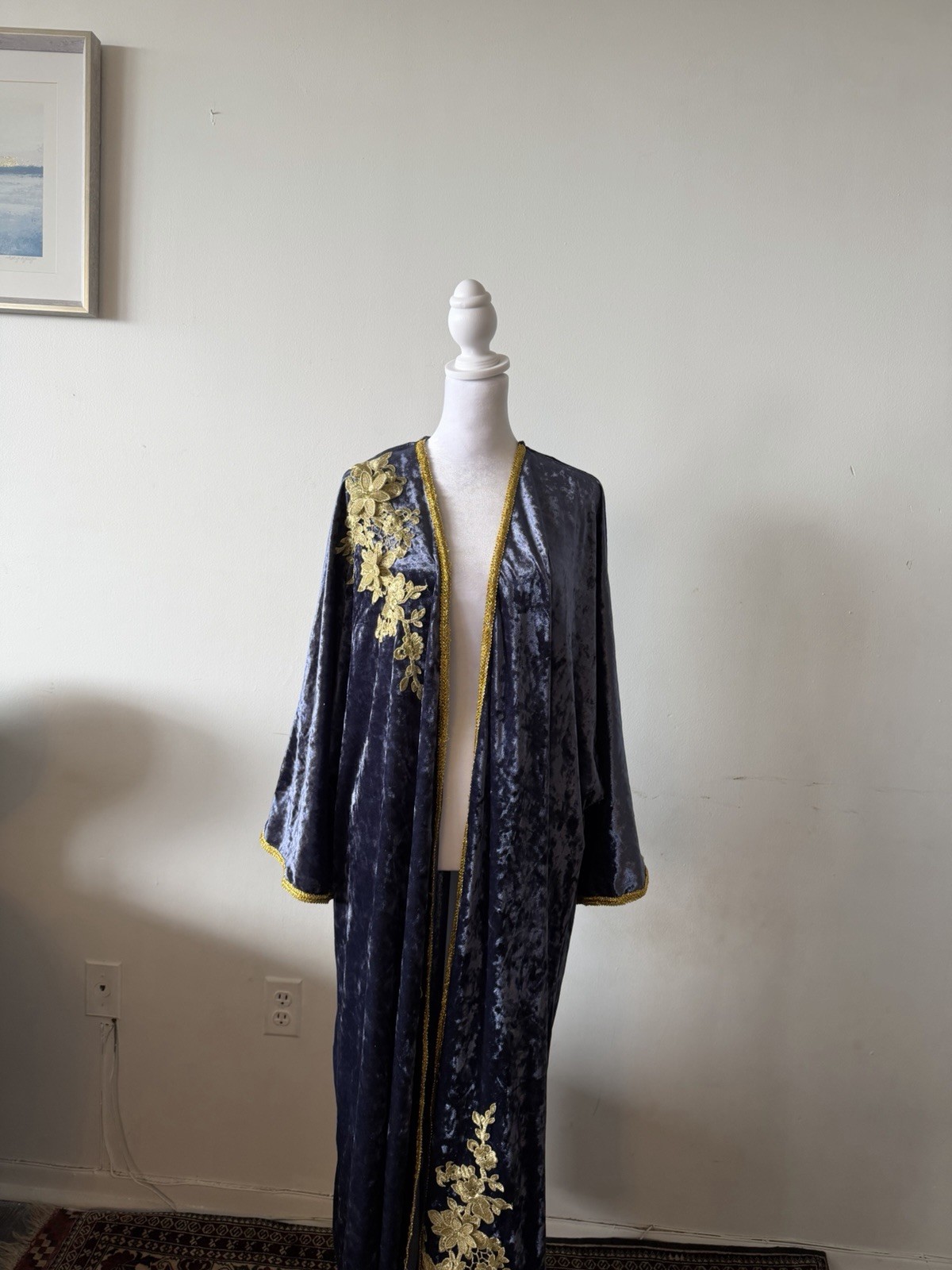 Luxury Velvet Abaya Kaftan | Gold Embroidery Open Front Duster Robe 3XL