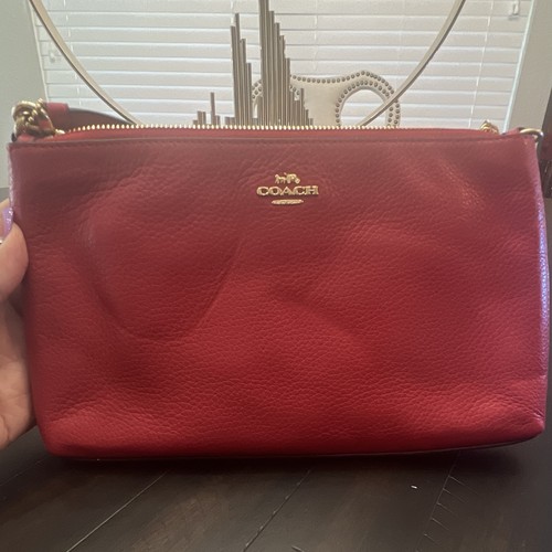 Coach Red Pebbled Large Wristlet Pouch Zip Top Gold Hardware Lined Card Slots