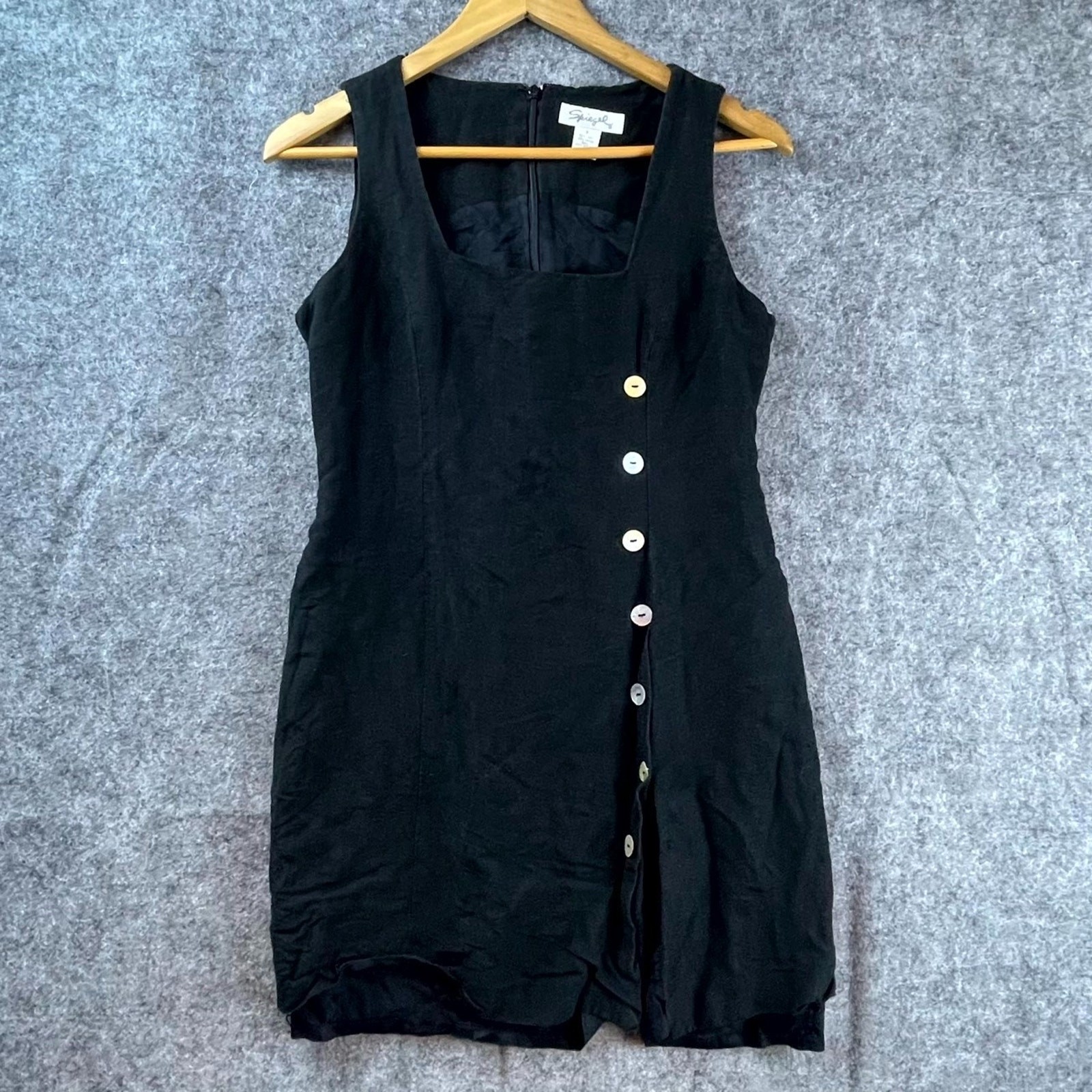 VTG Spiegel Sheath Dress Womens 8 Black Linen Asymmetrical Button Front Neutral
