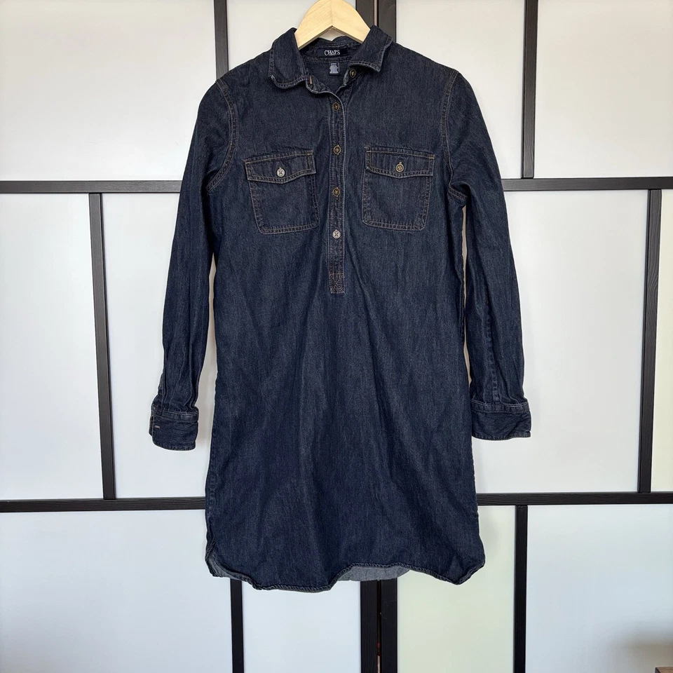 Vestido para mujer Chaps azul denim manga larga cuello talla mediana preppy occidental Foto 3 de 4