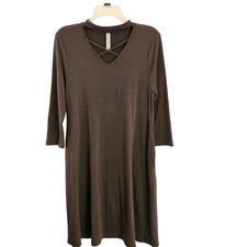 Zenana Premium Dress Womens Medium Gray V-Neck Criss-Cross Choker Collar Stretch