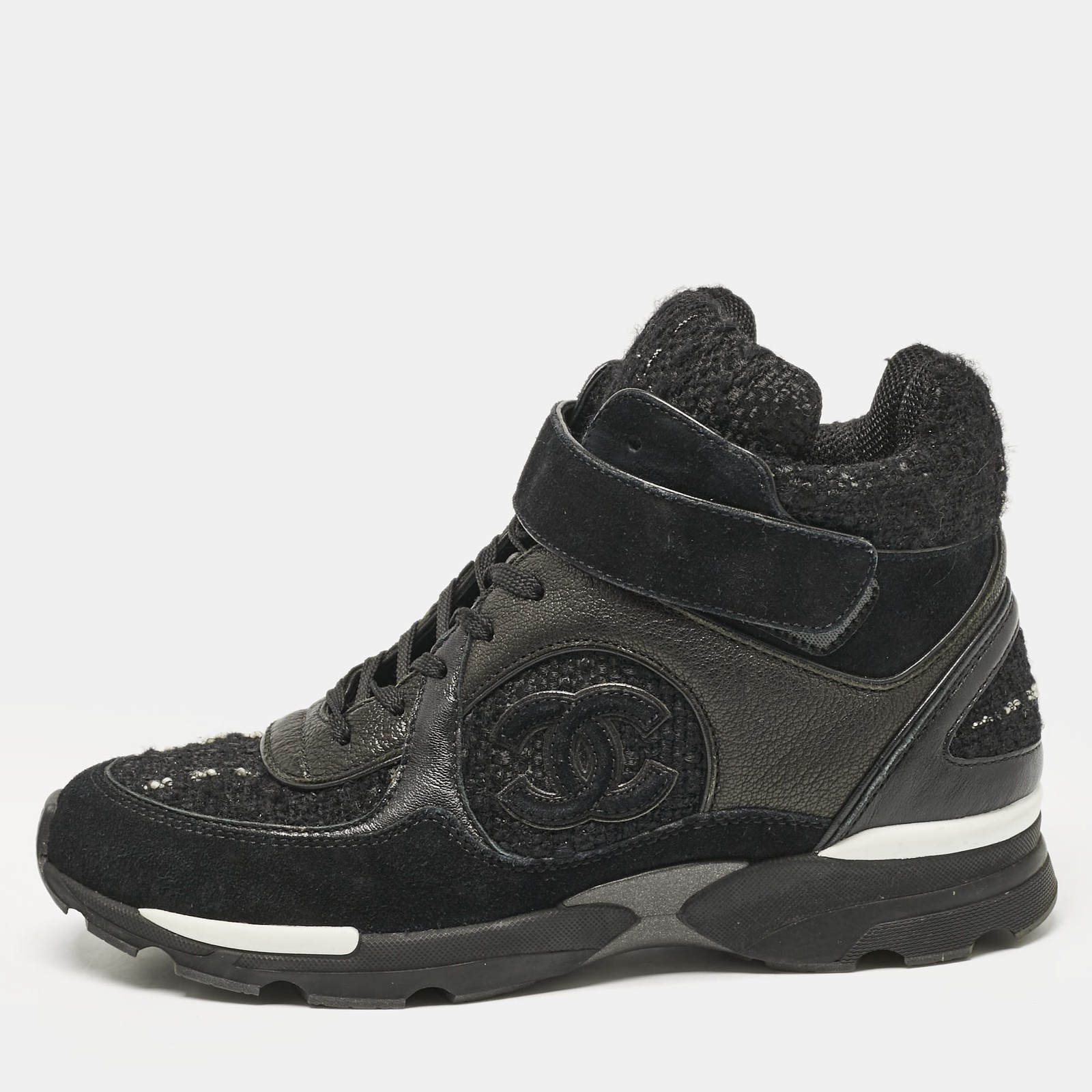 Chanel Black Tweed, Suede and Leather CC High Top Sneakers Size 38
