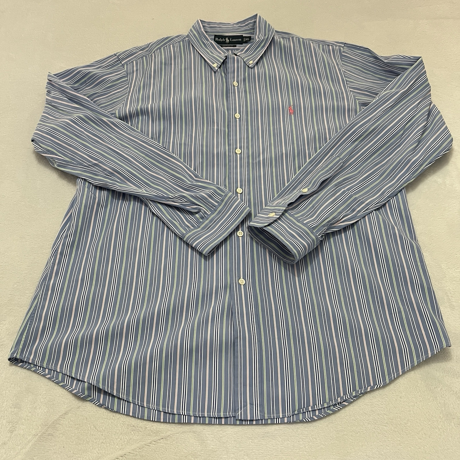 Camicia Ralph Lauren uomo extra large blu a righe vestibilità personalizzata rosa pony adulto