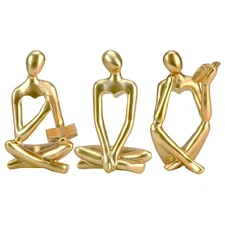 3Pcs Thinker Statue Gold Abstract Art Sculpture, Golden Reading Women Modern ...