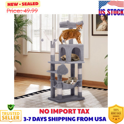 44'' Tall Cat Tree Tower with Scratch Posts, Condo, Hammock & Toys, Light Gray
