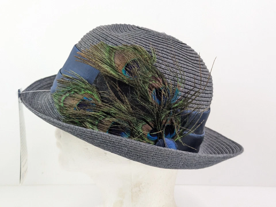 Sombrero de mujer Beau Chapeau de paja con pluma de pavo real azul marino nuevo Foto 2 de 4