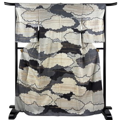 Japanese Silk Houmongi Kimono M 168cm Gray Cloud pattern Haze Masterpiece 022997