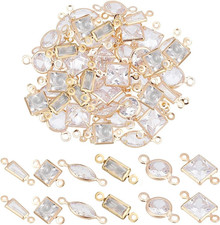 60 Pcs 6 Styles Cubic Zirconia Link Charm, 3X10.5Mm Brass Micro Pave Charms Clea