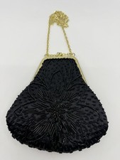 Borsa da sera vintage Fine Arts Co. Inc. nera con perline e catena oro Hong Kong