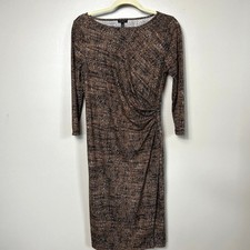 Talbots Women's Jersey Stretch Faux Wrap Side Ruche Sheath Dress Brown Medium