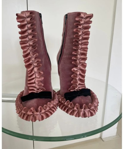 Marco De Vincenzo Velver Ruffle Ankle Boots With Black Velvet Bow