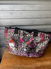 Ed Hardy Leopard Print Roses Skulls Tattoo Canvas Tote Shoulder Bag w/ Charms