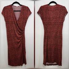 T Tahari Ruched Faux Wrap Jersey Midi Dress Cap Sleeve V-neck Red Black Dot Sz10