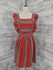 DRA Los Angeles Women M Pinafore Red Striped Dress Ruffled Shoulders