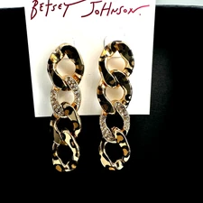 Betsey Johnson Leopard Print & Crystal Pave Link Linear Drop Stud Earrings, NWT